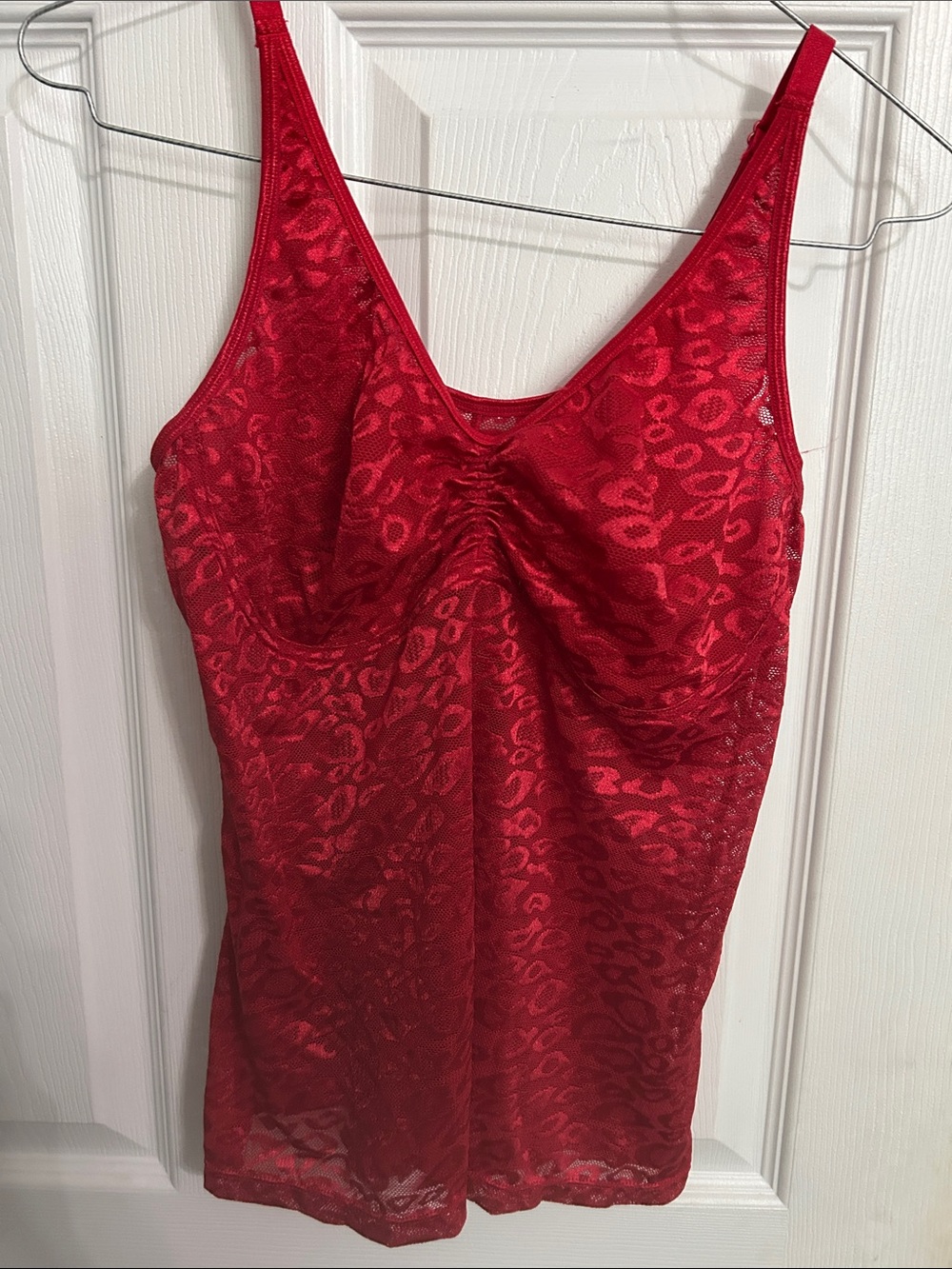 Ruby Ribbon Red Sheer Lace Tank Cami with Leopard Motif